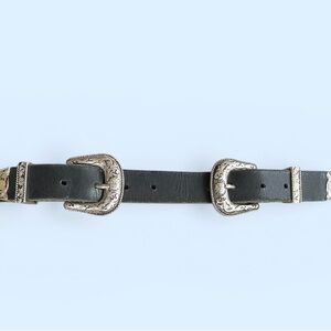 Double buckle western style Black Leather Belt with Silver Buckles Sz L